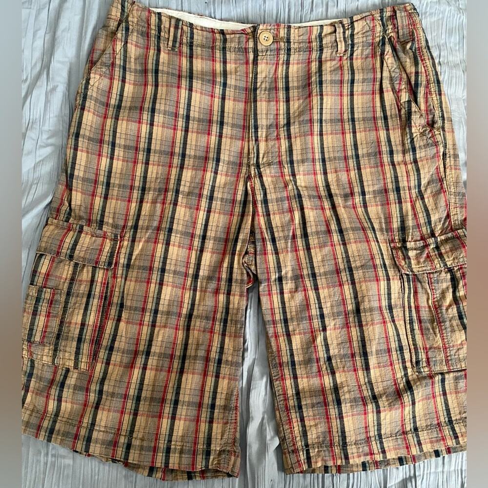 Mens Ruffhewn Brown Plaid Stripe Cargo Shorts Size Large